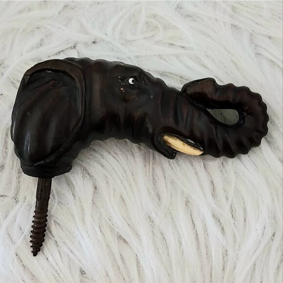 Elephant antique head topper wooden raised trunk brown - Picture 1 of 8